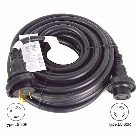 Superior Electric Shore Power Extension Cord NEMA L5-30P 30 Amp STOW NEMA L5-30R 10AWG/3, 40ft RVA1559
